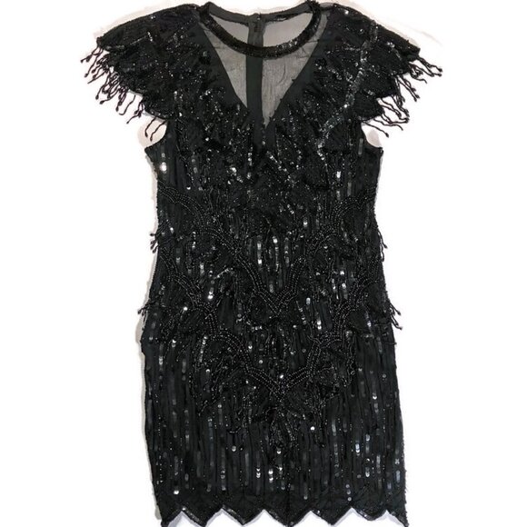Vtg 80s 90s Laurence Kazar Silk Sequin Beaded Fringe Party Dres Art Deco Flapper - Picture 1 of 7